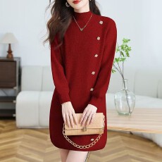 批发2025半高领加厚配大衣毛衣裙秋冬新款中长款<b class='q'>宽松</b>打底针织<b class='q'>连衣裙</b>