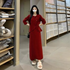 批发冬装搭配一整套大码胖mm新年战袍红色针织毛衣裙子减龄漂亮套装女