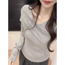 批发灰色v领针织衫女<b class='q'>秋</b>冬季大码胖mm收腰显瘦慵懒休闲不规则打底上衣