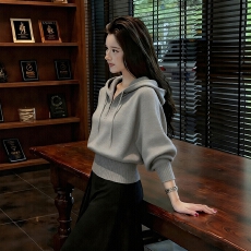 批发半拉链连帽针织衫女秋冬季大码胖mm收腰高级减龄休闲软糯毛衣上衣