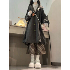 批发冬季搭配一整套<b class='q'>大码</b>长款毛呢外套格子衬衫半身裙学院风三件套装女