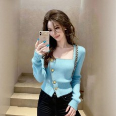 批发方口领<b class='q'>短款</b>针织<b class='q'>开衫</b>外套女秋冬季大码胖mm收腰独特巨好看毛衣上衣