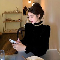 批发亮片木耳边丝绒衬衫女秋冬季大码胖mm高级感气质轻奢黑色打底上衣