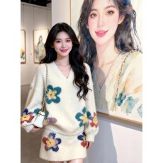 批发秋冬穿搭一整套大码胖mm花朵针织毛衣半身短裙温柔风巨好看套装女