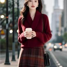 批发冬装搭配一整套<b class='q'>大码</b>胖mm红色V领针织毛衣时尚通勤漂亮套装裙子女