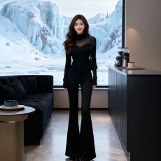 批发秋冬季穿搭一整套<b class='q'>大码</b>胖mm网纱拼接针织衫微喇裤子独特御姐套装女