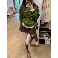 批发冬季穿搭一整套<b class='q'>大码</b>胖mm绿色针织毛衣内搭短裙超火独特复古套装女