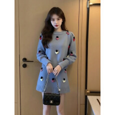 批发冬季搭配一整套大码胖mm草莓针织毛衣半身短裙韩系慵懒风套装女