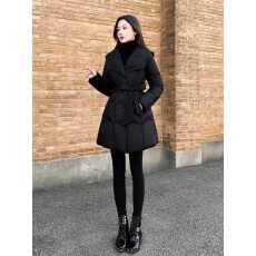 批发小个子中长款黑色海军领羽绒棉服女冬季2025新款收腰显瘦棉衣外套