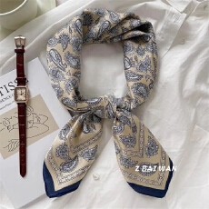 批发复古时髦腰果花发带丝巾女春秋仿真丝方巾百搭多用系腰围巾潮