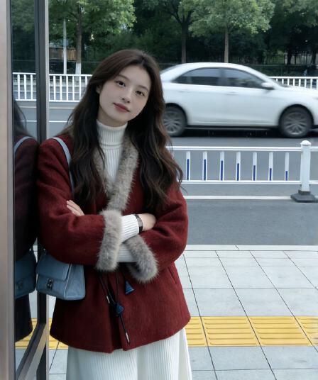 빨간색 모피 칼라 모직 여성 코트 겨울 빅 사이즈 지방 mm 고유 한 슈퍼 잘 생긴 품격 신년 로브 모직 코트