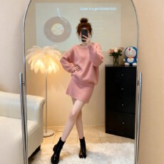 批发春季搭配一整套大码胖mm粉色针织毛衣短裙子温柔风新年战袍套装女