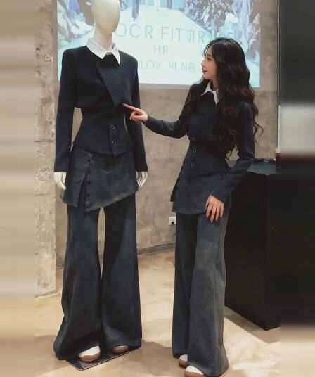 이른 봄 코디 전체 집합 빅 사이즈 지방 mm 페이크 레이어드 회색 재킷 랩스커트팬츠 와이드 레그 팬츠 레트로 슈퍼 화재 세트 여성