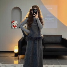 批发春秋季穿搭一整套<b class='q'>大码</b>胖mm灰色马甲打底衫半裙独特复古三件套装女