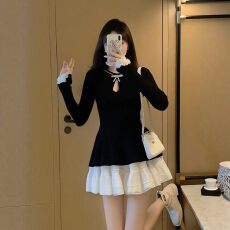 批发小香风千金黑色蕾丝拼接丝绒<b class='q'>连衣裙</b>女秋冬韩系气质<b class='q'>高端</b>精致短裙子