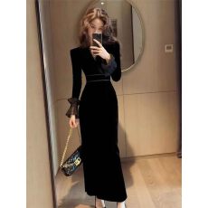 批发法式高级感黑色丝绒连衣裙女早春新款郝本风小个子气质漂亮<b class='q'>长裙</b>子