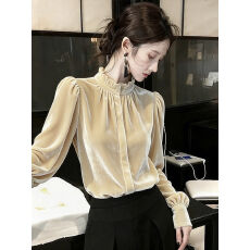 批发高级感轻奢木耳边立领丝绒衬衫女春秋大码胖mm巨好看洋气内搭衬衣