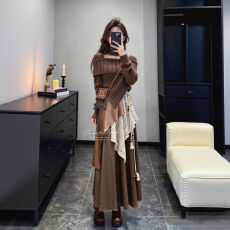 批发春秋穿搭一整套<b class='q'>大码</b>胖mm针织衫屁帘阔腿裤裙美拉德复古好看套装女