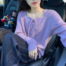 批发紫色系带针织<b class='q'>开衫</b><b class='q'>女</b>早春大码胖mm温柔休闲甜美巨好看内搭毛衣上衣