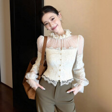 批发纯欲风蕾丝拼接网纱打底衫<b class='q'>女装</b>春秋季<b class='q'>大码</b>胖mm独特漂亮木耳边上衣