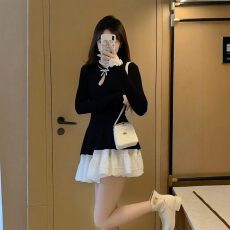 批发小香风千金黑色蕾丝拼接<b class='q'>丝绒</b><b class='q'>连衣裙</b>女春秋韩系气质高端精致短裙子