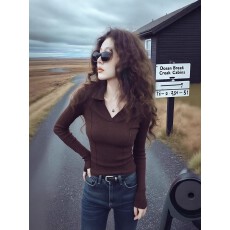 批发咖色慵懒风V领针织衫<b class='q'>毛衣</b>女春秋季大码胖mm修身减龄高级感上衣