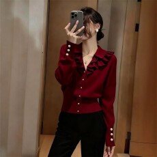 批发法式荷叶边珍珠<b class='q'>针织</b><b class='q'>开衫</b>女春秋<b class='q'>大码</b>胖mm休闲巨好看圣诞新年红上衣