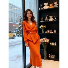 批发春秋搭配一整套<b class='q'>大码</b>胖mm桔色针织毛衣半身裙韩系巨好看减龄套装女