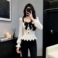 批发小香风蝴蝶结方领衬衫女春秋季大码<b class='q'>胖</b><b class='q'>mm</b>收腰显瘦撞色丝绒拼接上衣