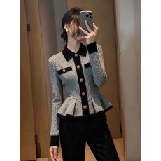 批发小香风撞色翻领针织毛衣女春秋季大码<b class='q'>胖</b><b class='q'>mm</b>收腰独特漂亮高级感上衣