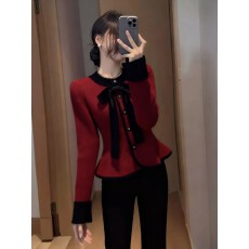 批发小香风蝴蝶结针织<b class='q'>外套</b>女春秋大码<b class='q'>胖</b><b class='q'>mm</b>收腰高级感时尚气质毛衣开衫