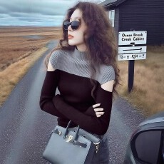 批发半高领拼接针织衫女春秋季大码<b class='q'>胖</b><b class='q'>mm</b>修身显瘦休闲露肩撞色打底上衣