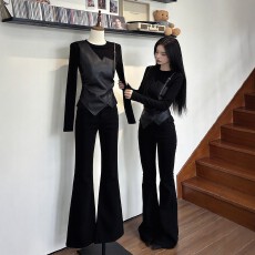 批发INSCEC小众设计拼接假两件长袖T恤<b class='q'>上衣</b>春秋高腰显瘦喇叭裤两件套