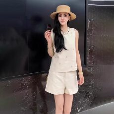 批发夏日穿搭一整套<b class='q'>大码</b>胖mm小香风钉珠背心上衣短裤子时尚减龄套装女