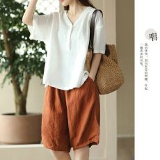 批发中年妈妈大码夏季套装宽松V领设计感遮肉短袖棉麻T恤<b class='q'>上衣</b>2026新款