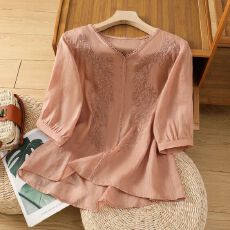 批发棉麻复古2026<b class='q'>衬衫</b>刺绣夏季新款宽松文艺<b class='q'>衬衣</b>小衫上衣圆领<b class='q'>T</b><b class='q'>恤</b>