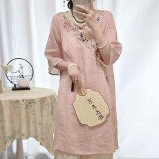 批发改良旗袍春夏新款宽松新中式棉质复古中国民族风绣花短袖连衣裙