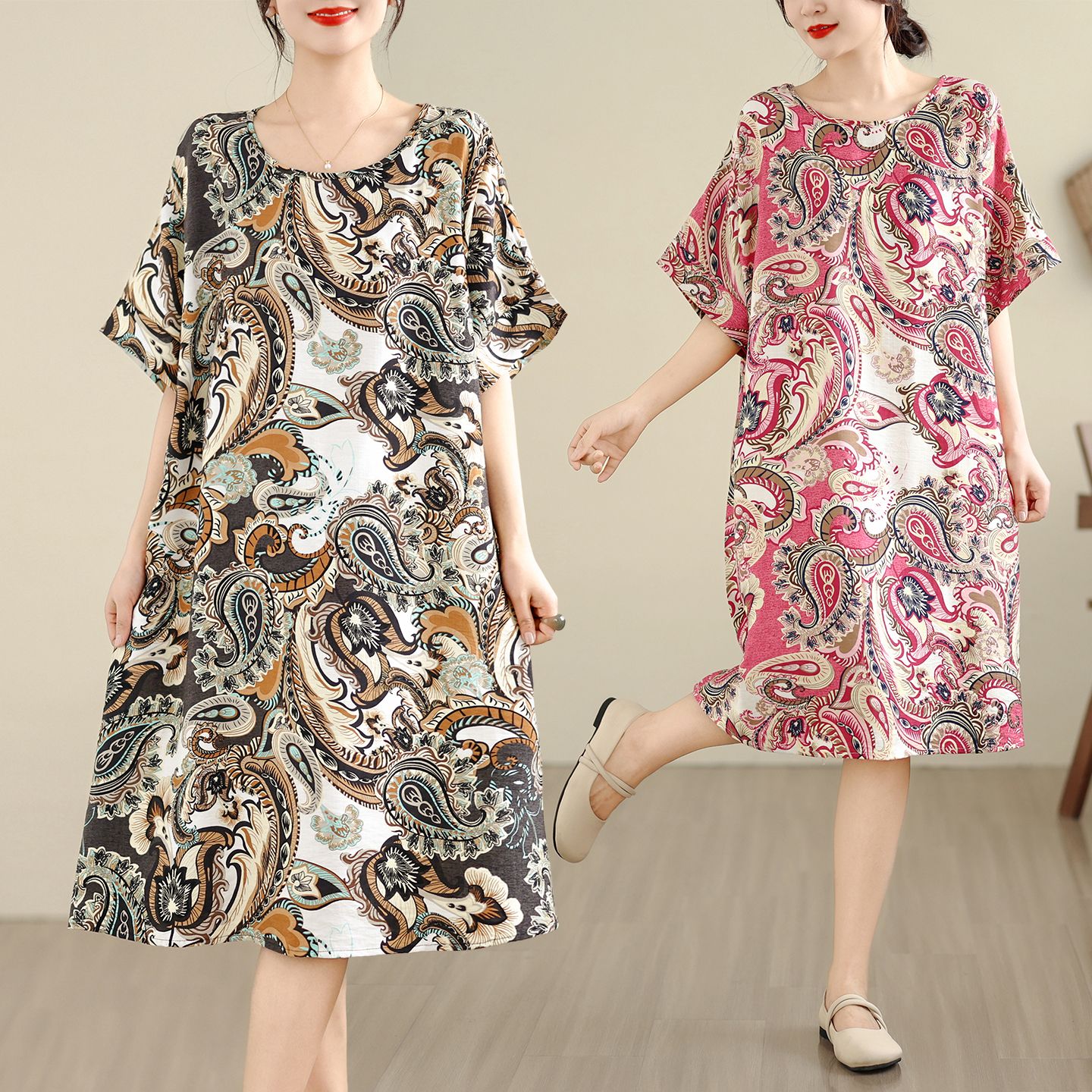 RY2229# 实拍 棉麻大码胖MM连衣裙夏季新款宽松显瘦休闲慵懒过膝印花...