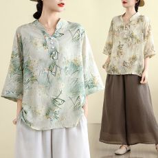 批发实拍 天丝中年大码女装夏季薄款<b class='q'>V领</b>中袖T恤国风印花女士宽松小衫