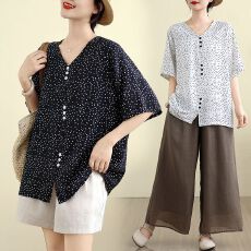 批发实拍 棉麻大码女装夏季<b class='q'>波点</b>印花套头排扣宽松休闲<b class='q'>衬衫</b>