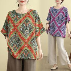 批发实拍 棉麻印花<b class='q'>中老年</b>上衣夏季复古宽松显瘦休闲圆领百搭短袖T恤