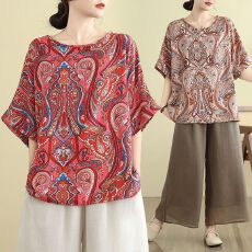 批发实拍 棉麻民族风上衣夏季<b class='q'>中老年</b>复古宽松显瘦休闲百搭印花短袖T恤