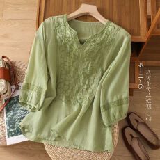 批发中年<b class='q'>妈妈</b>重工刺绣棉衬衫女2026夏季宽松大码遮肚显瘦套头衫棉上衣