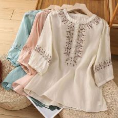 复古棉麻衬衫女五分袖春夏新款亚麻小衫宽松遮肚上衣妈妈刺绣衬衣