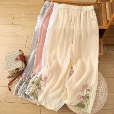 批发夏季国风阔腿新款中式<b class='q'>休闲裤</b>裤女松紧刺绣民族绣花复古阔腿裤宽松