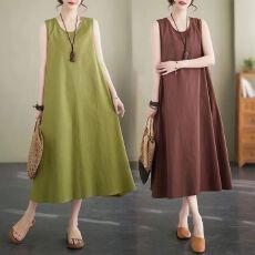 批发2026新款棉麻夏季宽松背心吊带裙纯色背带长款无袖<b class='q'>连衣裙</b>高级长裙