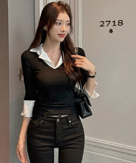 한국 동대문 가을 겨울 새로운 품격 V넥 트임 7부 소매 셔츠 패치워크 색상 몸매 가꾸기 디스플레이 몸 티셔츠 여성