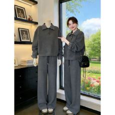 批发灰色松弛感一整套穿搭女2026春新款条纹拼接翻领卫衣阔腿裤两件套