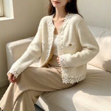 批发2026年新款蕾丝花边时尚设计小香风毛衣外套女秋季<b class='q'>针织</b>开衫上衣