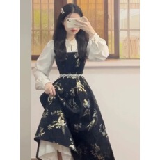 批发新中式国风黑色假两件<b class='q'>连衣裙</b>子女2025早秋新款高级感气质收腰长裙
